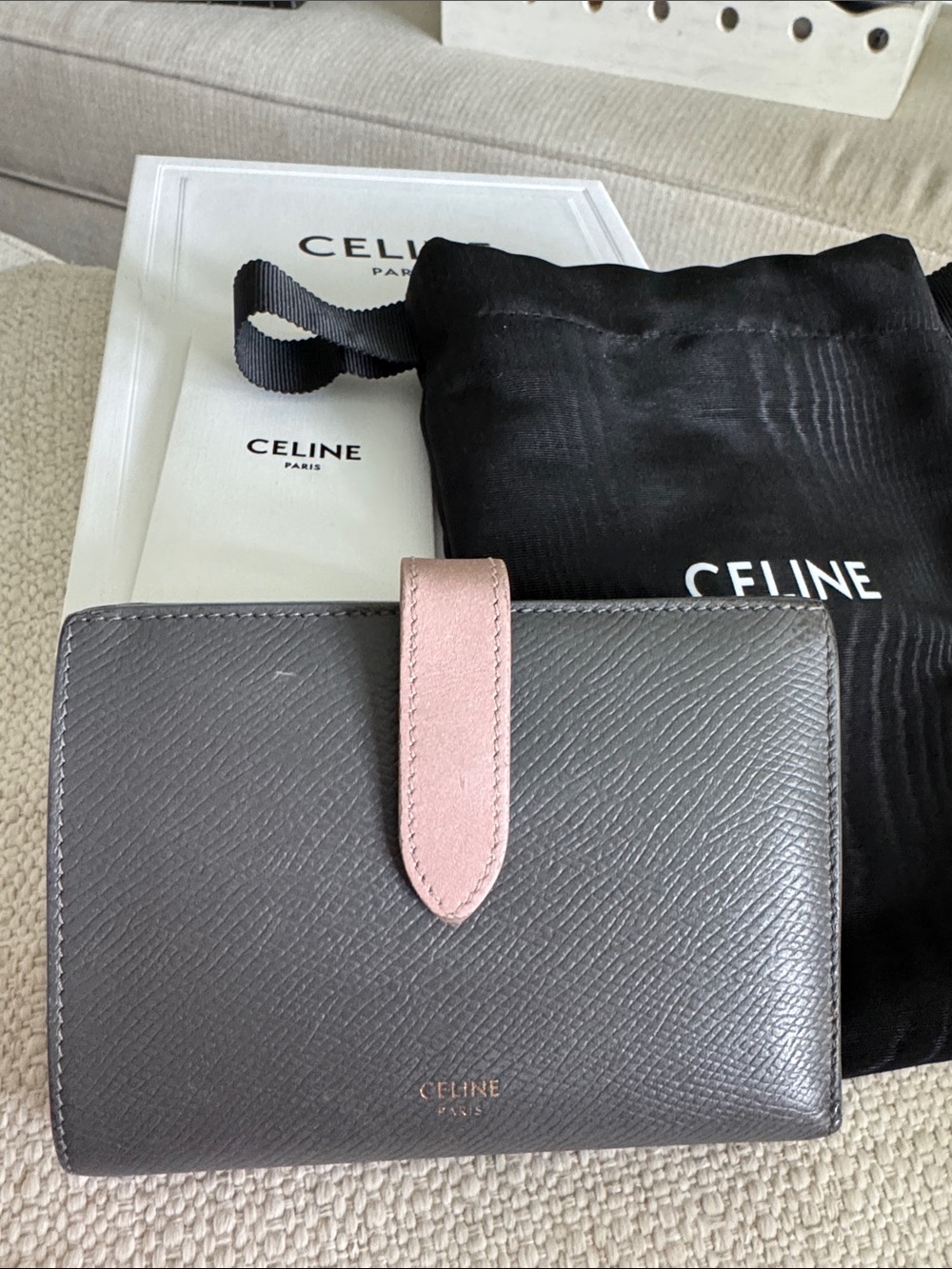 Celine Gray Leather Wallet with Pink Snap Strap With Logo Dust Bag & Box